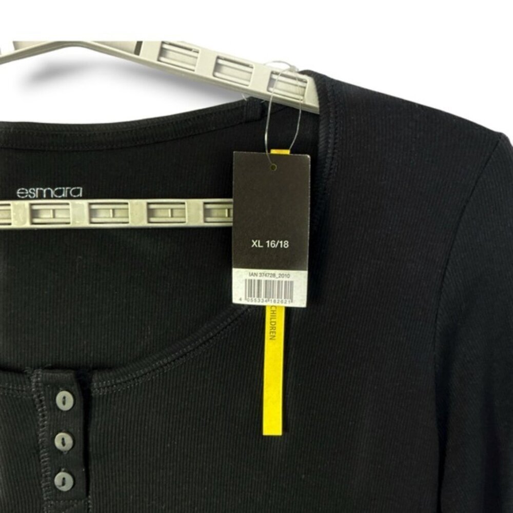 Esmara Long Sleeve Henley Ribbed Top Round Neck Tee Button Detail Black XL 16/18 - Picture 10 of 16